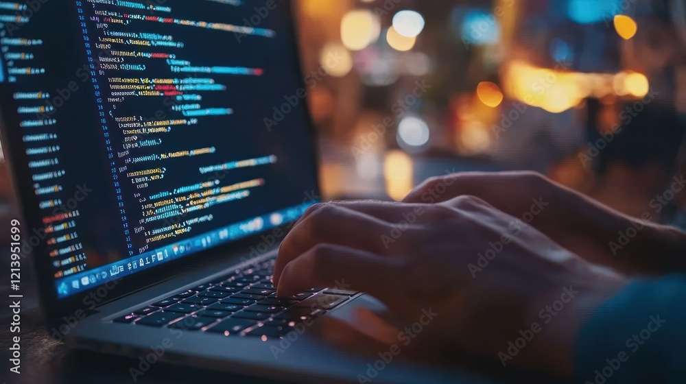 Poster night coder coding laptop cafe city bokeh