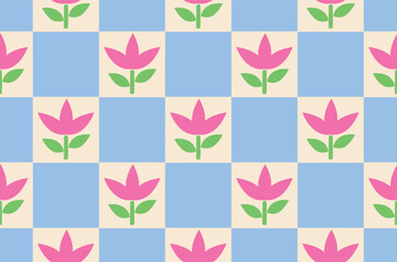 Checkerboard and Floral Seamless Pattern. Flowers and squares Chessboard. Mesh, groovy, trippy style All over Print Seamless Pattern Vector Illustration
