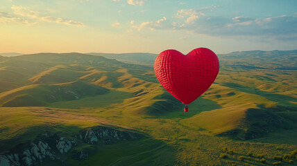 Heart-Shaped Hot Air Balloon Over Green Hills