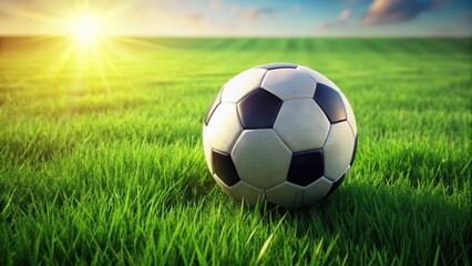 Fototapeta premium A traditional soccer ball sitting alone on a lush green grass field with a few blades of grass surrounding it, showcasing its vibrant colors and texture, natural environment, football game