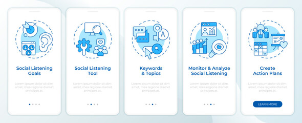 Social media tracking blue onboarding mobile app screen. Walkthrough 5 steps editable graphic instructions with linear concepts. UI, UX, GUI template. Montserrat SemiBold, Regular fonts used
