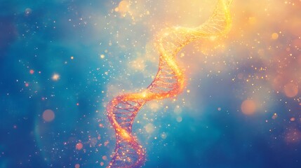 Luminous particles creating a floating DNA helix on a soft blue background demonstrating genetics and biotechnology