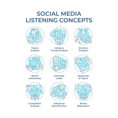 Social media listening soft blue concept icons. Marketing strategy, promoting. Industry trends, analysis. Icon pack. Vector images. Round shape illustrations for infographic. Abstract idea