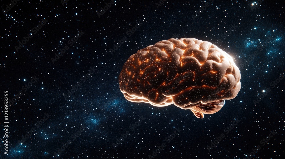 Wall mural illuminated brain in a cosmic space setting