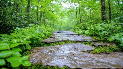 Fototapeta premium Stone path through lush forest after rain; nature walk