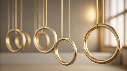 Elegant golden rings suspended from a sturdy rope in a minimalist room with a focus on the metallic accents, decor