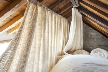 A conceptual shot of wool hanging from the ceiling beams like delicate curtains, with soft light filtering through, creating a dreamlike atmosphere in the attic space. 