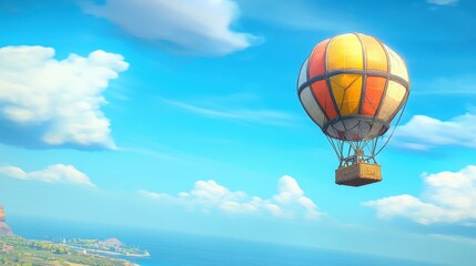 Naklejka premium A vibrant hot air balloon in bright colors floating gracefully in a clear blue sky above the ocean, creating a serene atmosphere.