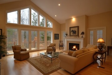 Fototapeta premium Elegant Living Room With Fireplace And Large Windows