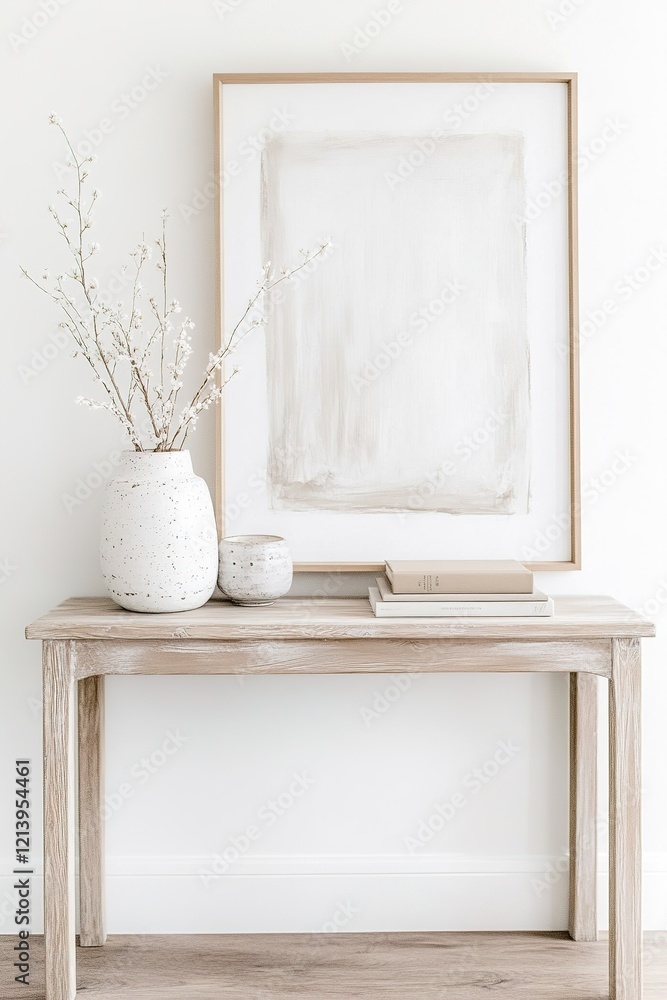 Poster a clean nordic console table showcases framed abstract art in neutral tones above. decorated with a 