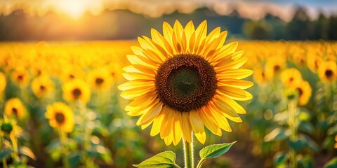Fototapeta premium A bright yellow sunflower with dark brown petals and a prominent center, standing alone in a field on a warm sunny day , bloom