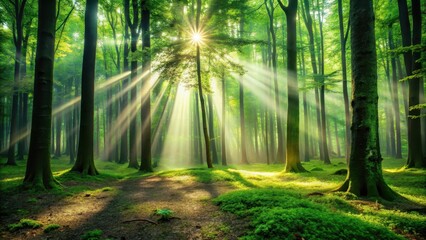 Obraz premium Mysterious green forest with a defocused sunbeam filtering through the canopy, casting dappled shadows on the forest floor