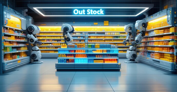 Futuristic supermarket with robotic arms managing stocked shelves, glowing neon lighting, smart automation, AI-powered inventory tracking, high-tech retail efficiency, and self-sustaining supply chain