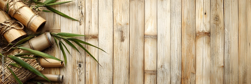 Poster overhead shot of fresh green bamboo leaves and stems on a rustic wooden background with plenty of co