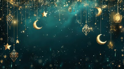 Golden Celestial Decorations Hanging Against A Dark Teal Background