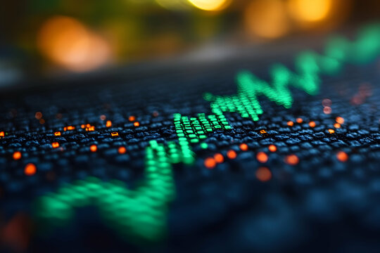 Detailed close-up of a vibrant green candlestick chart on a rising trend, bull market energy.