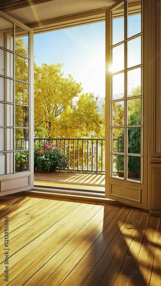Poster sunlight filters through an open balcony door into a warm wooden room with trees in view during morn