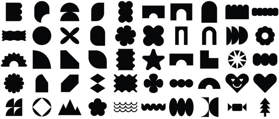 Brutalist abstract geometric shapes and grids. Y2K Geometric design element shapes.Brutal contemporary figure star oval spiral flower and other primitive elements.

