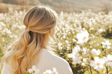Naklejka premium Golden hour light enhances serene beauty of woman in blooming fl