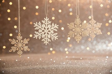 Delicate snowflakes suspended in a delicate bokeh light with a rich glitter background, lacy, magical, shining, snowy, icy