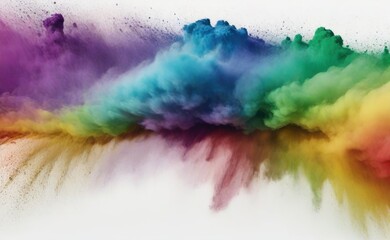 Fototapeta premium A vibrant explosion of multicolored powder bursts outwards against a stark white background