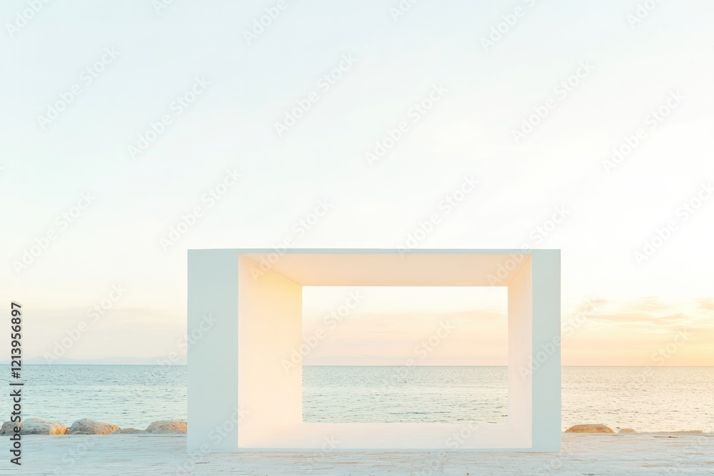 Poster minimalist structure frames serene ocean view, blending architec