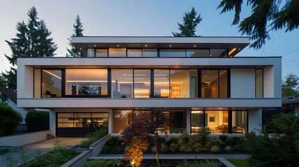 Fototapeta premium Modern house with sleek design and large windows in a suburban neighborhood