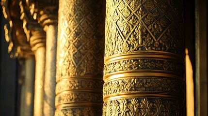 Golden Thai patterns on temple columns illuminated by sunlight