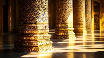 Golden Thai patterns on temple columns illuminated by sunlight