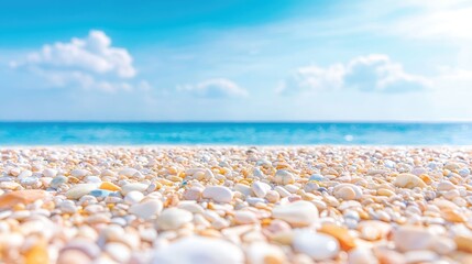 Seashells on beach, sunny sky, ocean waves.  Vacation travel background