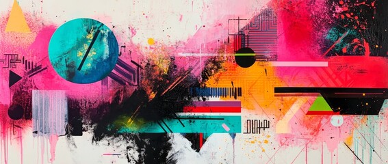 This vibrant artwork showcases a blend of colors and geometric shapes, featuring bold patterns and a playful arrangement. It exudes a contemporary feel, perfect for modern spaces.