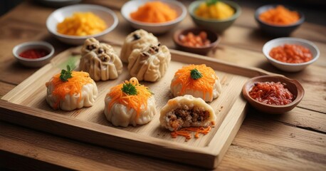 Dim sum on a rustic wooden surface with grated carrot topping , plate, dim sum, wood