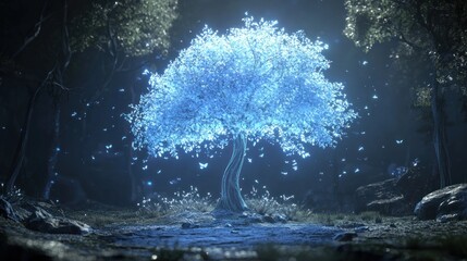 Fototapeta premium Glowing Blue Tree Surrounded By Butterflies In Forest