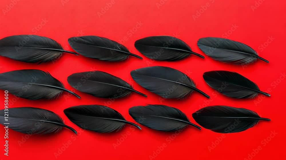 Poster row of black feathers on a red background. the feathers are arranged in a pattern, with some overlap