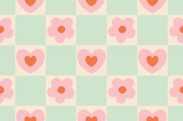 Checkerboard Floral and Hearts Seamless Pattern. Flowers and Hearts Chessboard, Groovy, trippy Retro style All over Print Seamless Pattern Vector Illustration