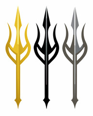 Set of Tridents in Gold, Black, and Silver - Symbolic Weapon Icons Isolated on White Background.