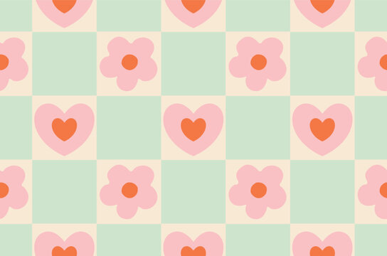 Checkerboard Floral and Hearts Seamless Pattern. Flowers and Hearts Chessboard, Groovy, trippy Retro style All over Print Seamless Pattern Vector Illustration