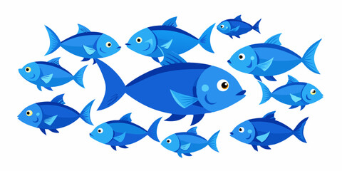 Collection set of blue fish isolated on white background.