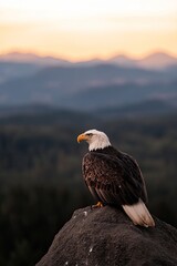 Majestic eagle perched on rocky outcrop, overlooking vast mounta