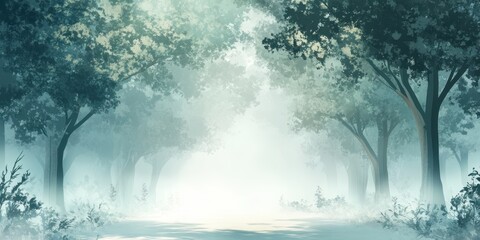 Misty Forest Path with Soft Light, Digital Painting.
