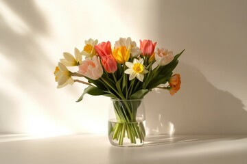 Fototapeta premium Bright bouquet of tulips and daffodils in clear vase, illuminate