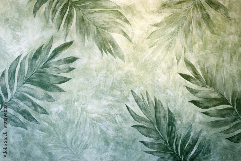 Poster textured green palm leaf patterned wall background with subtle light gradient.