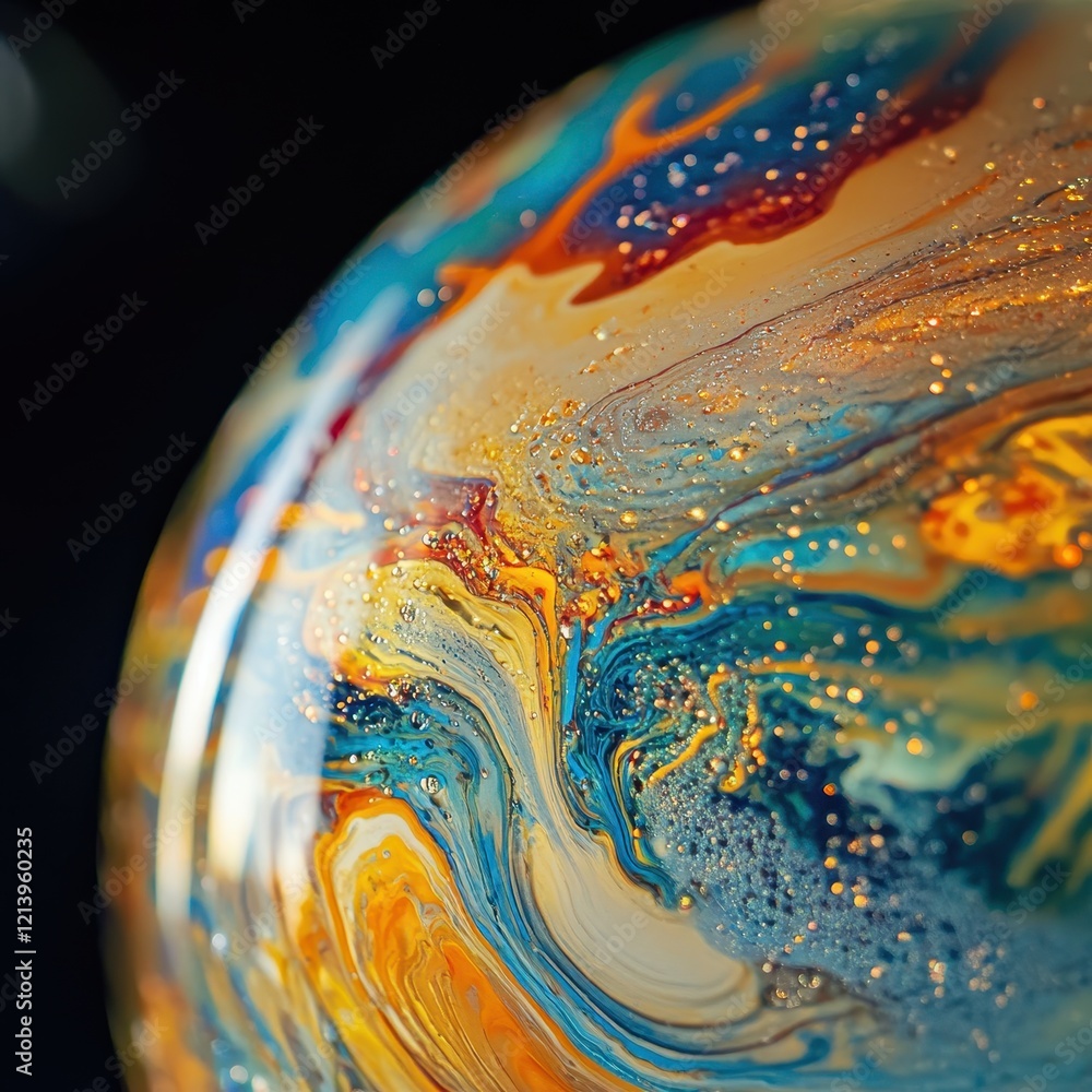 Poster intricate macro close-up of a swirling soap bubble with iridescent colors and glittering particles.