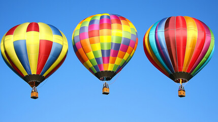Obraz premium Three colorful hot air balloons against a clear blue sky.
