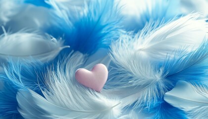 Obraz premium Single Pink Heart Nestled in Soft Blue and White Feathers, Love and Valentine s Day Concept.
