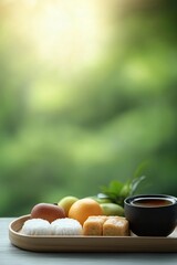 Colorful assortment of fresh fruits and delicate pastries on woo