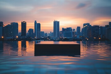 Fototapeta premium Serene Cityscape Reflection at Sunset, Modern Skyline and Pool Water View.