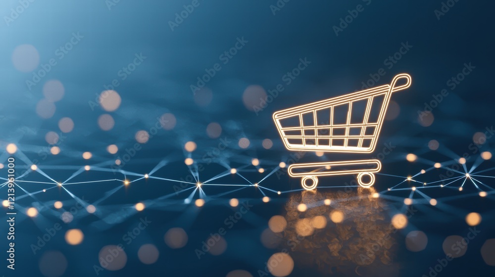 Poster shopping cart network interface online shopping a global map with highlighted network nodes and a sh