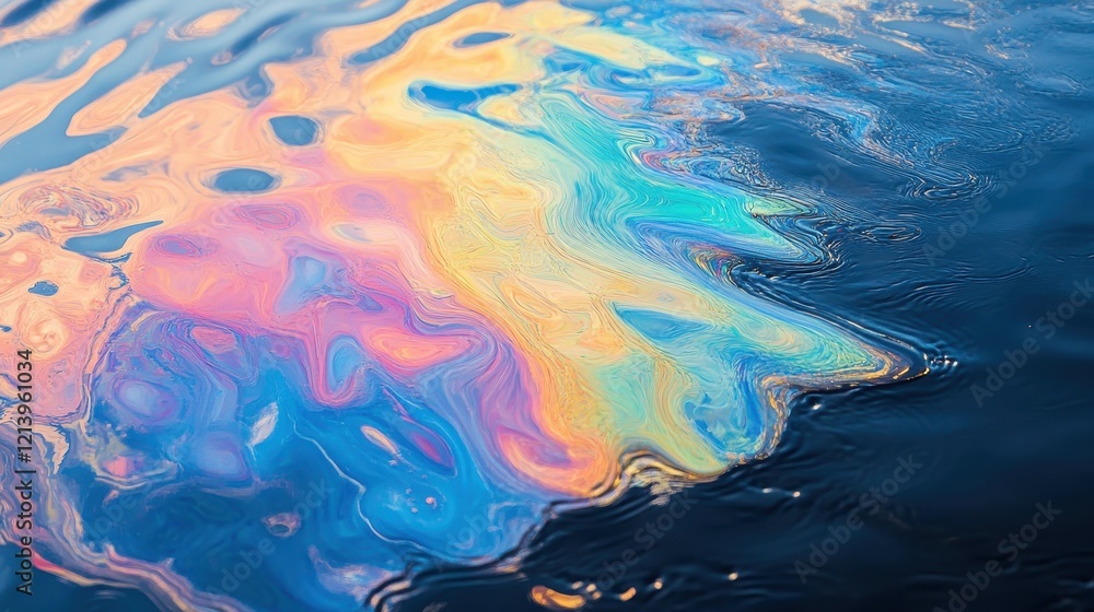 Poster oil slick on water surface creating rainbow colors and abstract patterns.
