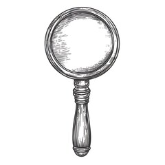 Vintage magnifying glass drawing,  simple illustration, black and white design, graphic element